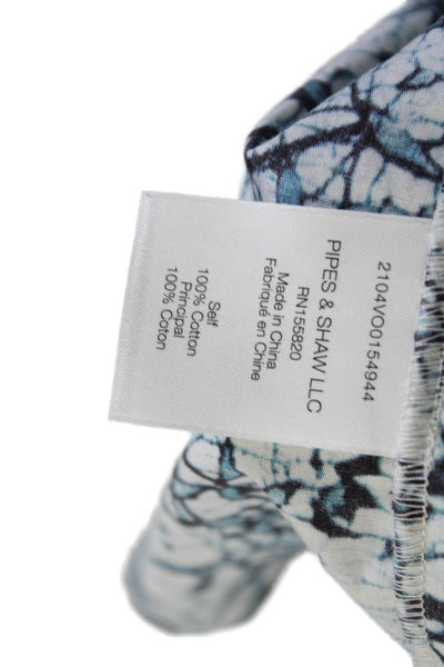 Veronica Beard Womens Cotton Blue Printed Ruffle V-neck Blouse Top Size 10