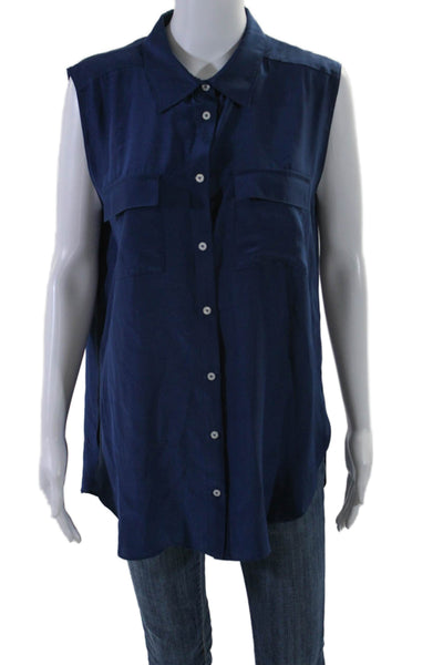 Amanda Uprichard Womens Button Front Sleeveless Collared Silk Top Navy Large