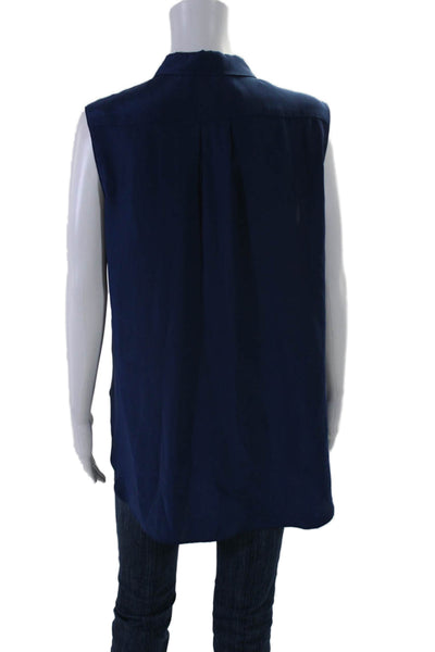 Amanda Uprichard Womens Button Front Sleeveless Collared Silk Top Navy Large