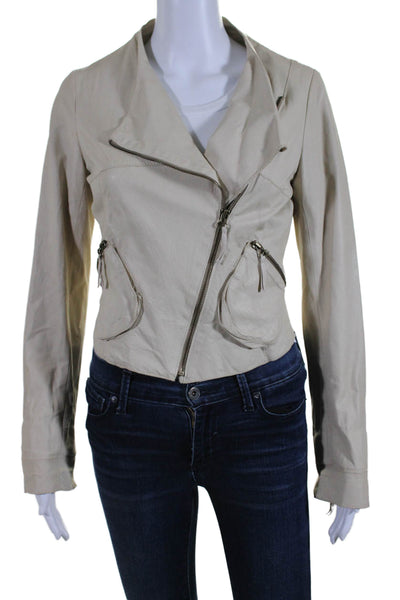 Illia Womens Long Sleeve Front Zip Crew Neck Leather Light Jacket Beige Size 4