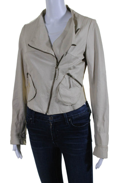 Illia Womens Long Sleeve Front Zip Crew Neck Leather Light Jacket Beige Size 4