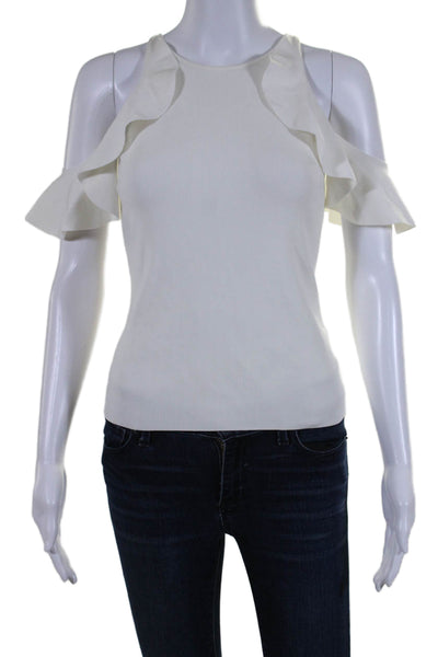 Jonathan Simkhai Womens Crew Neck Cold Shoulder Ribbed Ruffled Top White Small