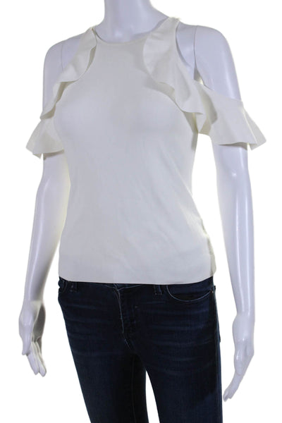 Jonathan Simkhai Womens Crew Neck Cold Shoulder Ribbed Ruffled Top White Small