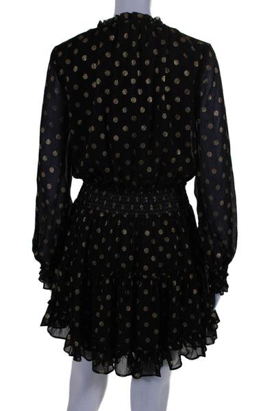 Aeom Womens Long Sleeve V Neck Metallic Polka Dot Dress Black Brown Size Small