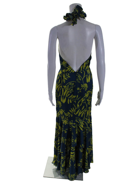 S. Simon Womens Plant Print Low Back Sleeveless Maxi Halter Dress Blue Size CH