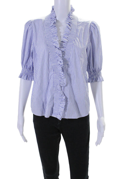 Finley Womens Short Sleeve Ruffled V Neck Striped Top White Blue Size Small