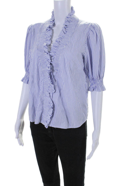 Finley Womens Short Sleeve Ruffled V Neck Striped Top White Blue Size Small