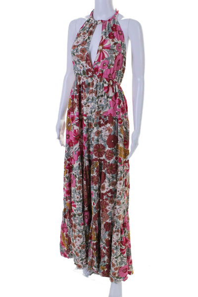 Aakaa Womens Open Back Halter V Neck Floral Maxi Dress White Multi Size Small