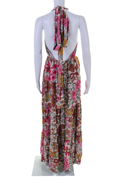 Aakaa Womens Open Back Halter V Neck Floral Maxi Dress White Multi Size Small