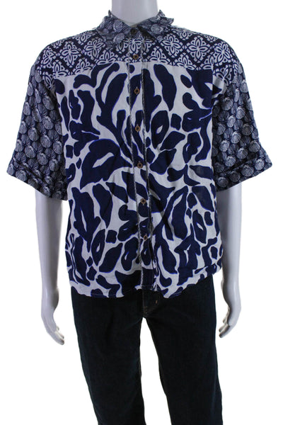 Anthropologie Mens Linen Graphic Floral Print Short Sleeved Shirt Blue Size M