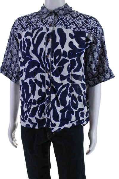 Anthropologie Mens Linen Graphic Floral Print Short Sleeved Shirt Blue Size M