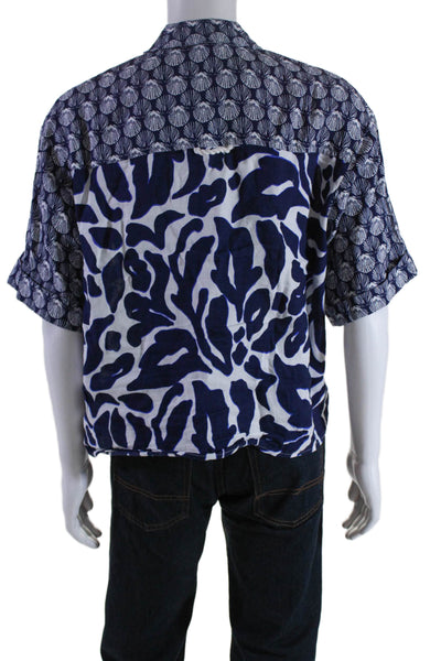 Anthropologie Mens Linen Graphic Floral Print Short Sleeved Shirt Blue Size M