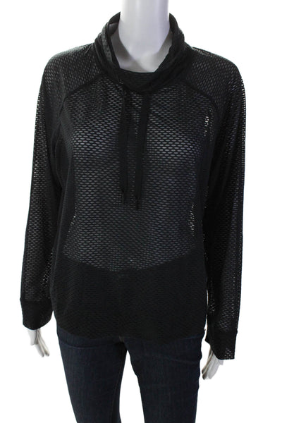 DKNY Womens Mock Neck Drawstring Long Sleeve Sheer Casual Top Black Size M