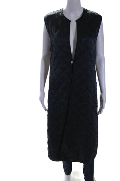 Burning Torch Womens Quilted Round Neck Button Up Longline Vest Navy Size XS