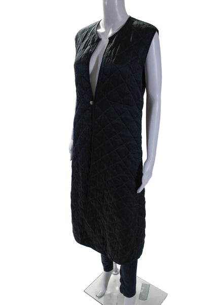 Burning Torch Womens Quilted Round Neck Button Up Longline Vest Navy Size XS