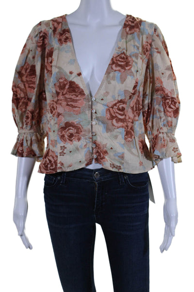 Free People Womens Cotton Floral Printed Elastic Ruffle Sleeved Top Beige Size L