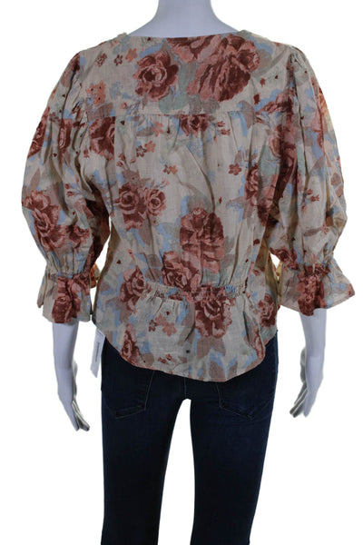 Free People Womens Cotton Floral Printed Elastic Ruffle Sleeved Top Beige Size L