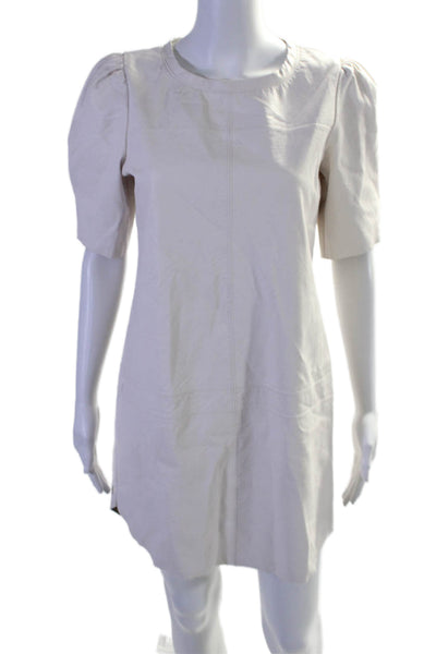 Lavender Brown Womens Short Sleeve Scoop Neck Faux Leather Dress White Small