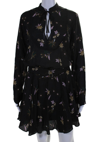 ALC Womens Silk Long Sleeve Floral V Neck Blouson Dress Black Size 6