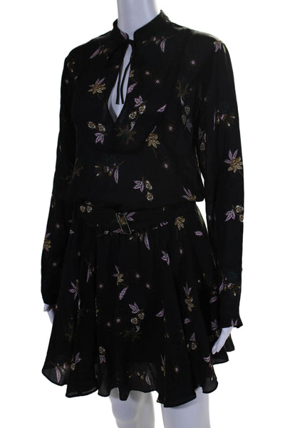 ALC Womens Silk Long Sleeve Floral V Neck Blouson Dress Black Size 6