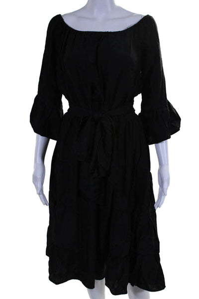 Natalie Martin Women Silk Off Shoulder Long Sleeve Tie Waist Dress Black Size M