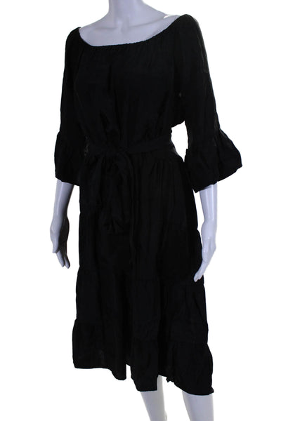 Natalie Martin Women Silk Off Shoulder Long Sleeve Tie Waist Dress Black Size M