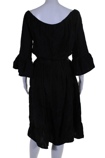 Natalie Martin Women Silk Off Shoulder Long Sleeve Tie Waist Dress Black Size M