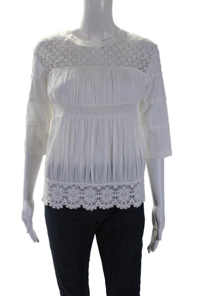 Maje Womens Cotton Half Sleeve Lace V-neck Button Blouse White Size 1