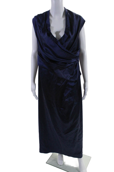 Talbot Runhof Womens Back Zip Sleeveless Ruched Satin Gown Navy Blue Size 18