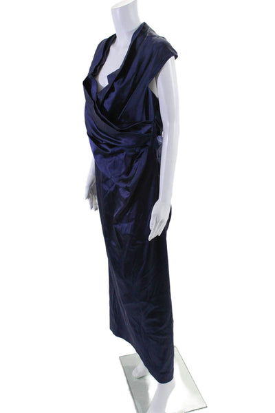 Talbot Runhof Womens Back Zip Sleeveless Ruched Satin Gown Navy Blue Size 18