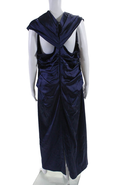 Talbot Runhof Womens Back Zip Sleeveless Ruched Satin Gown Navy Blue Size 18