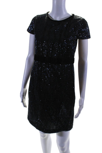 Maje Womens Velvet Bow Tied Belted Sequined Short Sleeve Midi Dress Navy Size 2