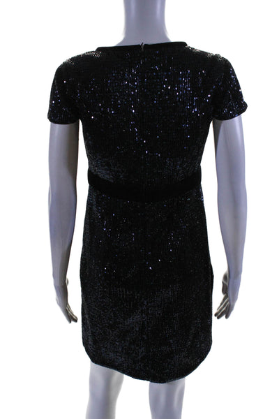 Maje Womens Velvet Bow Tied Belted Sequined Short Sleeve Midi Dress Navy Size 2