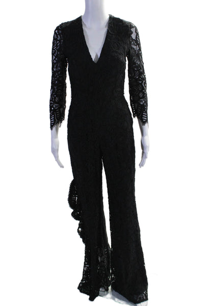 Alexis Womens Embroidered V-Neck Long Sleeve Zip Up Jumpsuit Black Size S