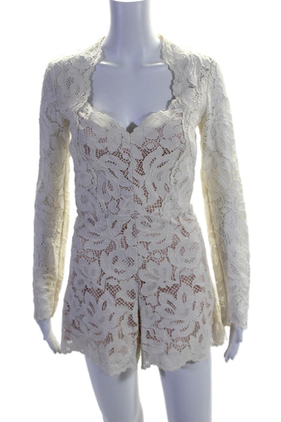 Alexis Womens Cotton Embroidered V-Neck Long Sleeve Zip Up Romper Cream Size S