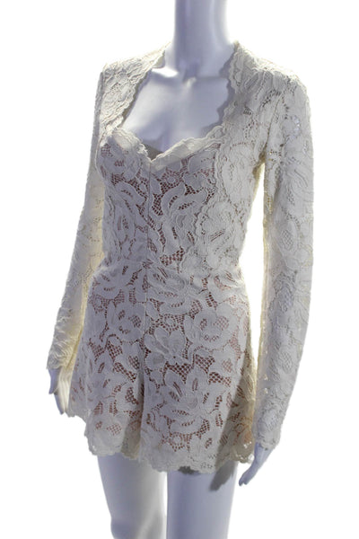 Alexis Womens Cotton Embroidered V-Neck Long Sleeve Zip Up Romper Cream Size S