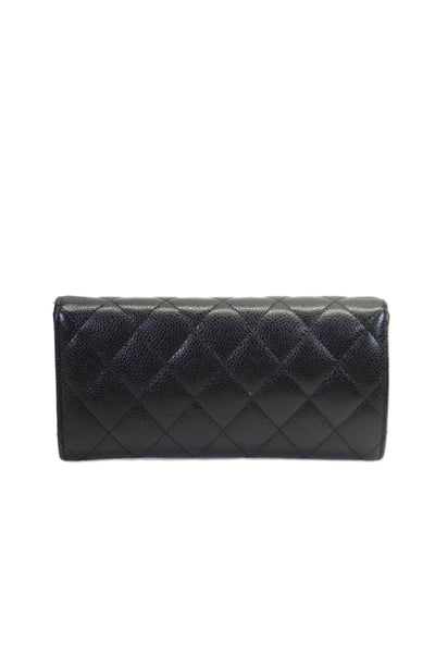 Chanel Womens Quilted Caviar Leather CC Flap Wallet Black Gold Tone