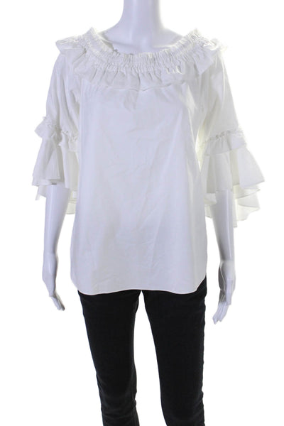 Sara Campbell Womens Cotton Off Shoulder Long Sleeve Ruffle Blouse White Size S