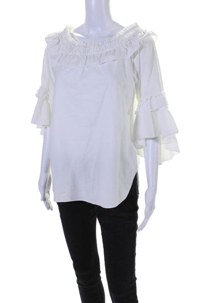 Sara Campbell Womens Cotton Off Shoulder Long Sleeve Ruffle Blouse White Size S