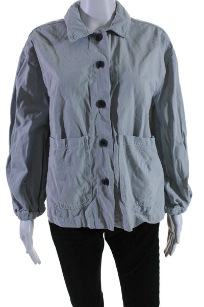 The Great Womens Cotton Collar Long Sleeve Button Up Blouse Shacket Blue Size 1