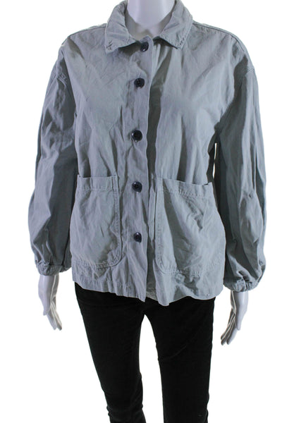 The Great Womens Cotton Collar Long Sleeve Button Up Blouse Shacket Blue Size 1