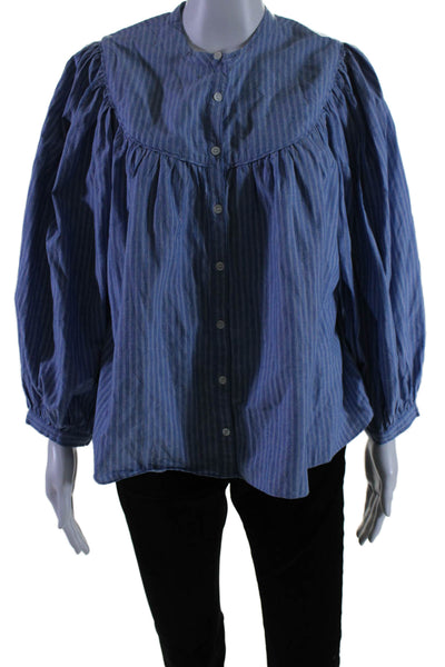 Doen Womens Cotton Striped Long Sleeve Button Up Blouse Top Blue Size S