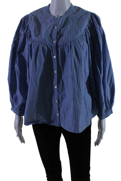 Doen Womens Cotton Striped Long Sleeve Button Up Blouse Top Blue Size S