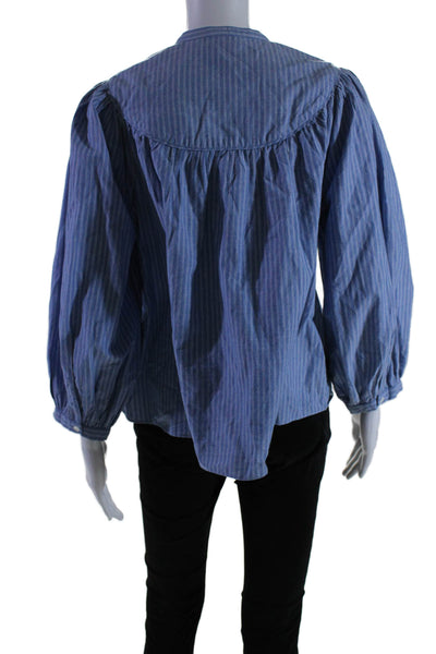 Doen Womens Cotton Striped Long Sleeve Button Up Blouse Top Blue Size S