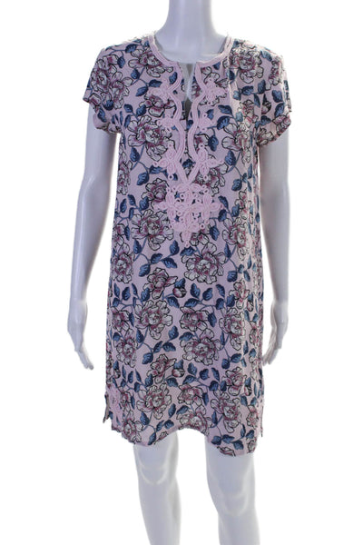 Gallabia Womens Short Sleeve Floral Embroidered Tunic Dress Pink Size S