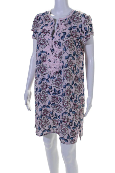 Gallabia Womens Short Sleeve Floral Embroidered Tunic Dress Pink Size S