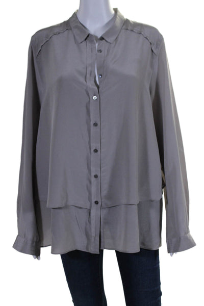 Poetry Womens Silk Collar Long Sleeve Button Up Tiered Blouse Gray Size M