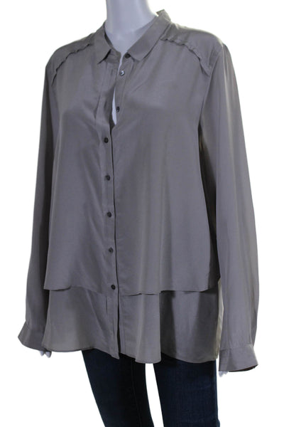 Poetry Womens Silk Collar Long Sleeve Button Up Tiered Blouse Gray Size M