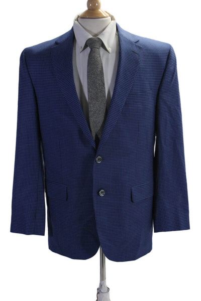 David Donahue Mens Collared V-neck Button Checkered Blazer Blue Size 36