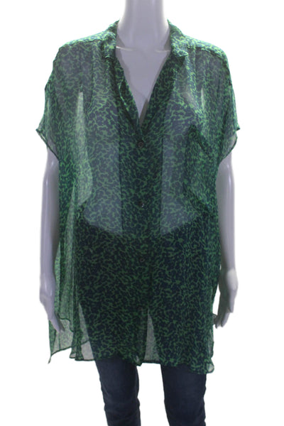 Aspesi Womens Silk Green Blue Printed Collar Sleeveless Button Down Shirt Size L